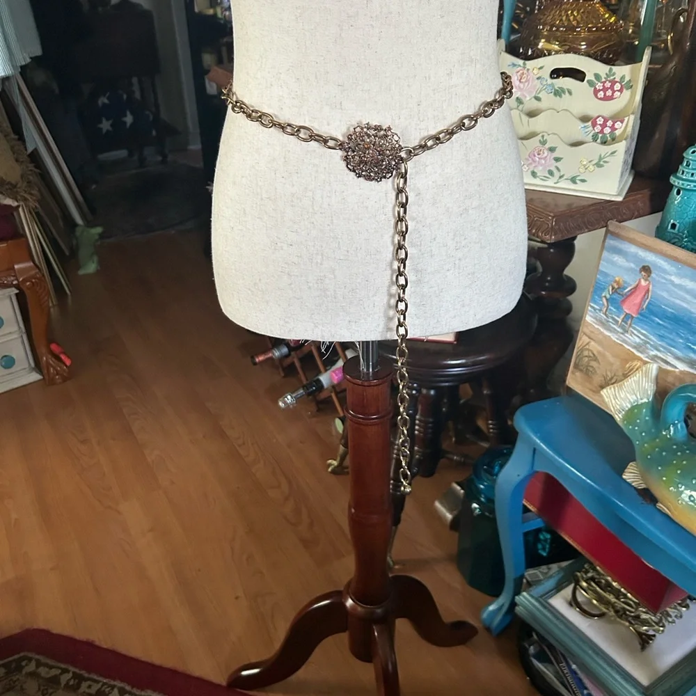 Vintage Gold Chain Belt with Jeweled Medallion Clasp